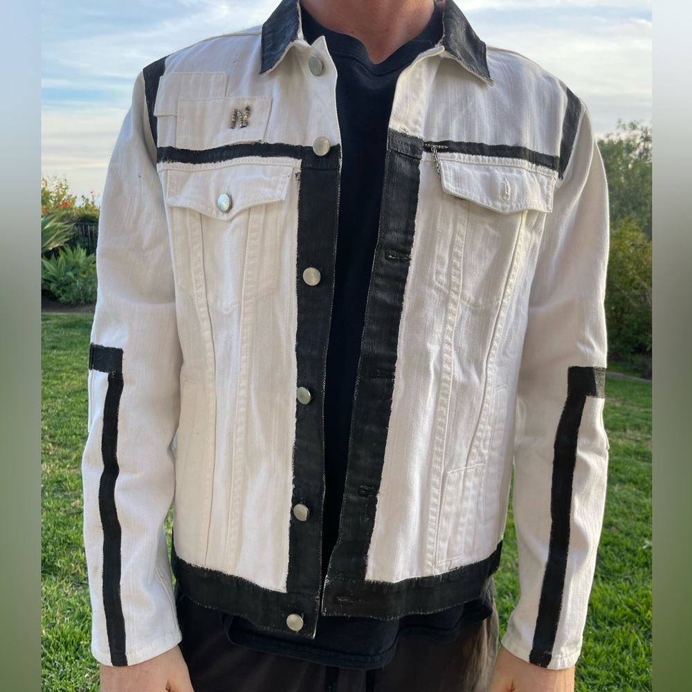 Custom White Denim Jacket w/ Black Painted Trim